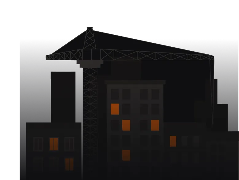 Dark city skyline silhouette with a large crane and several building windows illuminated in orange.